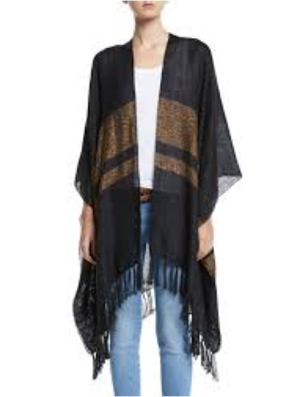 Brunello Cucinelli Black and Gold Fringe Kimono Wrap one size fits most